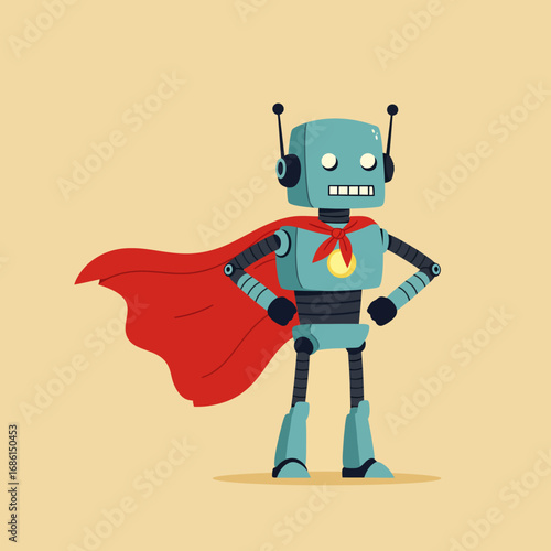 A cheerful robot in a superhero cape, striking a confident pose.