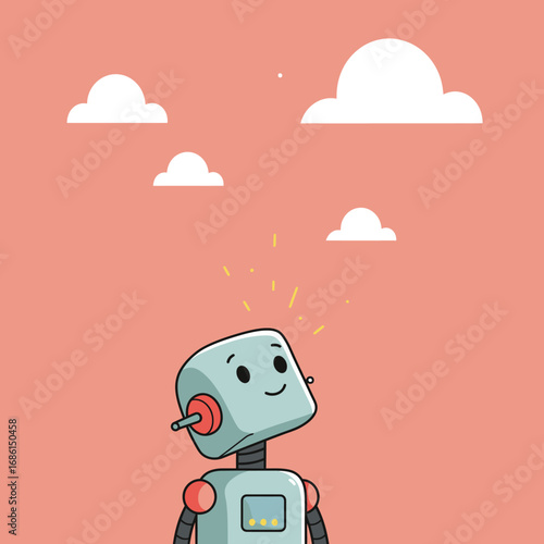 A cheerful robot looking up at clouds against a pastel background.