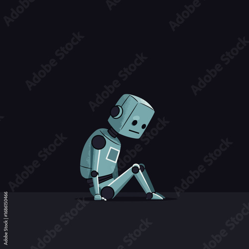A blue robot sitting alone, conveying a sense of melancholy and introspection.