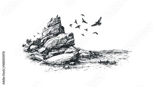 Rocky shore with birds flying over water in a sketchy style. Vector hand drawn illustration