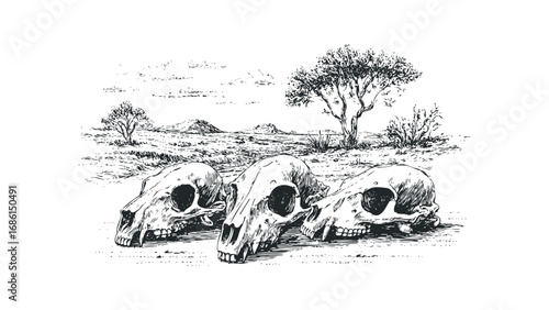 Three animal skulls in a dry landscape with sparse vegetation and distant hills. Vector hand drawn illustration