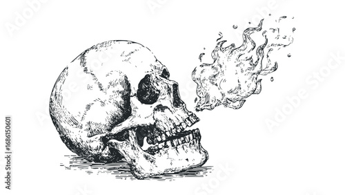 Human skull with smoke emanating from its mouth in a vintage sketch style. Vector hand drawn illustration
