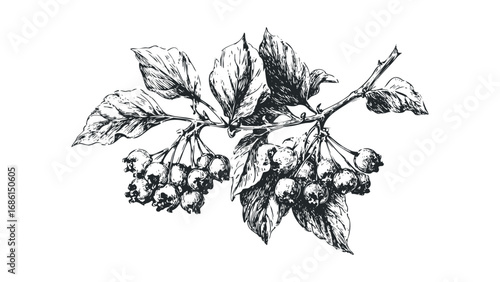 Sketch of a berry branch with leaves on a white background. Vector hand drawn illustration