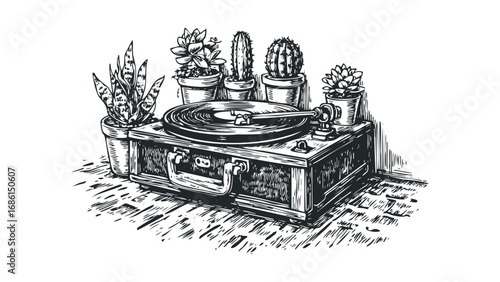 Vintage portable record player with potted succulents and cacti. Vector hand drawn illustration