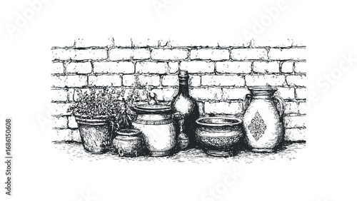 Group of antique ceramic pots and bottle against a brick wall. Vector hand drawn illustration
