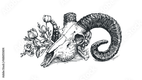 Detailed sketch of ram skull with blooming flowers and bones on white. Vector hand drawn illustration