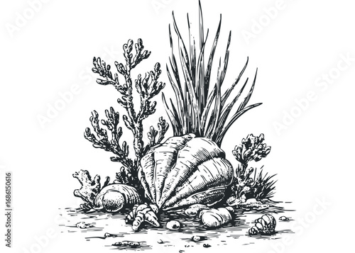 Seashell cluster with seaweed and pebbles detailed sketch. Vector hand drawn illustration