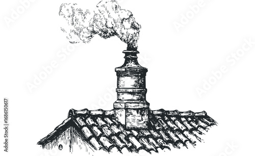 Sketch of a Smoke-Emitting Chimney on a Tiled Roof. Vector hand drawn illustration
