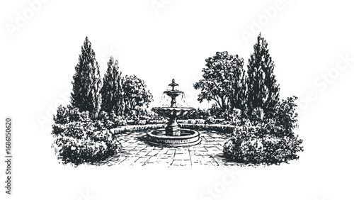 Pen and ink drawing of a garden fountain with manicured trees and foliage. Vector hand drawn illustration
