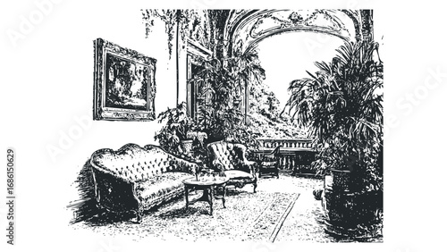 Ornate living room with plush seating and potted plants. Vector hand drawn illustration