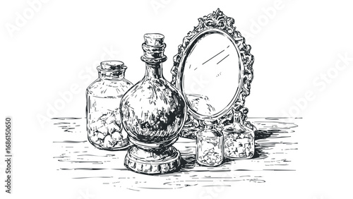 Sketch of vintage bottles with cork stoppers and ornamental mirror on wooden surface. Vector hand drawn illustration