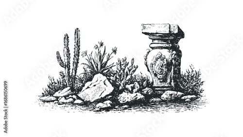 Antique Roman Column Fragment Amidst Desert Flora and Rocks. Vector hand drawn illustration