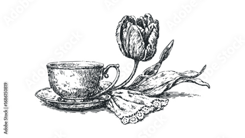 Antique teacup and saucer with tulip and leaves drawn in black ink. Vector hand drawn illustration