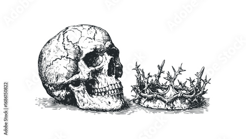 Human skull next to thorny crown symbolizing mortality and royalty. Vector hand drawn illustration
