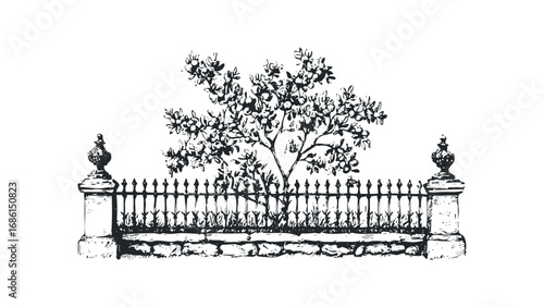 Vintage Tree with Ornate Fence and Stone Wall Silhouette. Vector hand drawn illustration