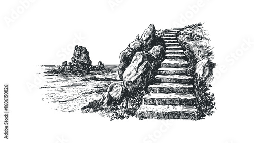 Stone Steps Ascend Rocky Coastline Next to Ocean Waves. Vector hand drawn illustration