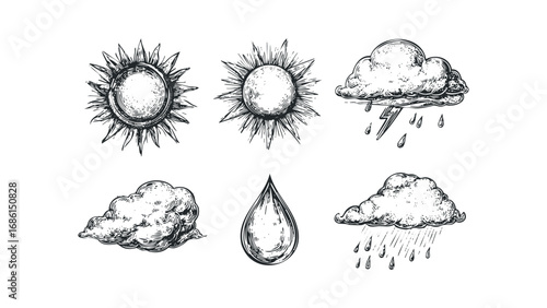 Collection of vintage suns, rain clouds, and a water droplet in a hand-drawn sketch style. Vector hand drawn illustration