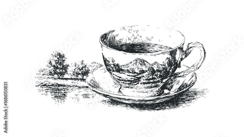 Sketch of a coffee cup and saucer with reflected landscape scenery. Vector hand drawn illustration