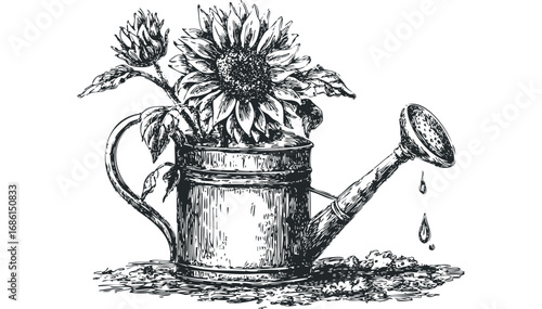 Black and white sketch of a vintage watering can with a sunflower inside and drops falling. Vector hand drawn illustration