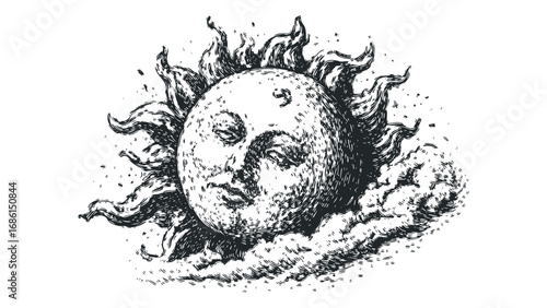 Vintage Astronomical Sun Face Emerging from Clouds. Vector hand drawn illustration