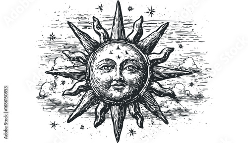 Vintage personified sun with star bursts and clouds engraving. Vector hand drawn illustration