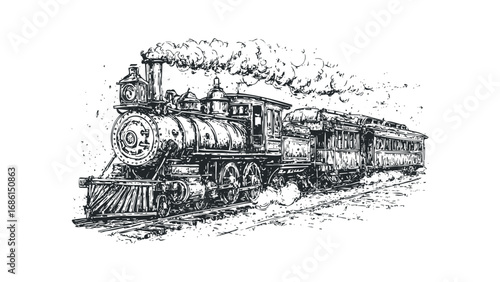 Vintage steam locomotive with carriages billowing smoke. Vector hand drawn illustration
