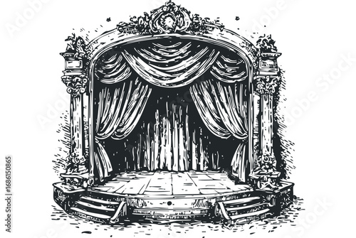 Vintage stage with ornate pillars and draped curtains on transparent background. Vector hand drawn illustration
