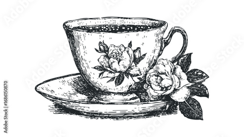 Ornate floral teacup and saucer illustration. Vector hand drawn illustration