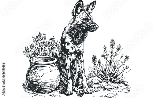 African wild dog sitting next to a rustic pot with arid plants and rocks. Vector hand drawn illustration