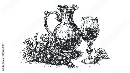 Still life with grapes, jug, and wine glass in a textured sketch style. Vector hand drawn illustration
