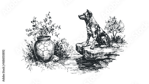 Dog sits on rocky ledge overlooking water with potted plant. Vector hand drawn illustration