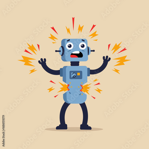 A cartoon robot appears shocked and damaged, surrounded by electric sparks.