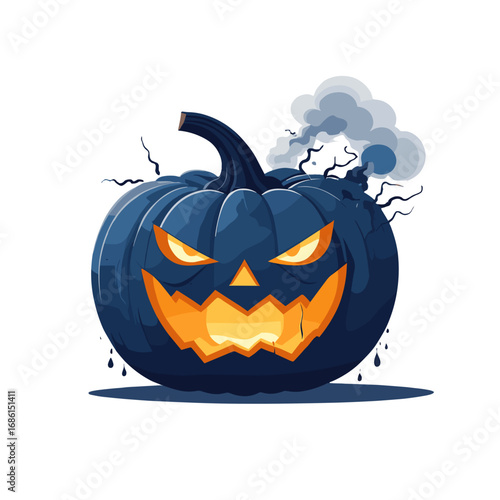 Menacing jack-o'-lantern pumpkin with glowing eyes and cracks in a spooky Halloween design
