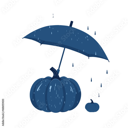 Pumpkin under an umbrella in the rain with a small pumpkin nearby in a whimsical, creative style
