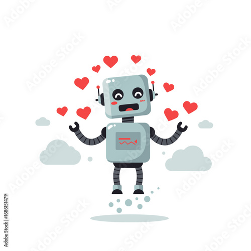 A cheerful robot surrounded by hearts, expressing love and joy.