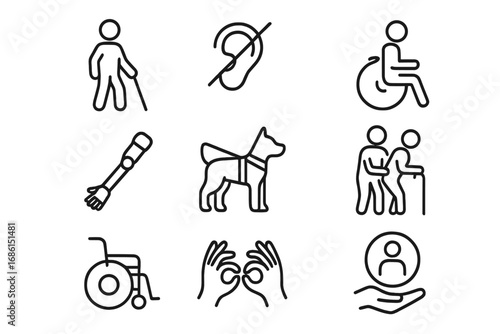 Accessibility assistance outline icon set. Disability support symbols collection. Vector pictograms for inclusion, impairment, special needs, senior care, health and medical aid.