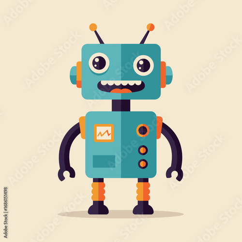 A cheerful, cartoon-style robot with a friendly face and colorful features.