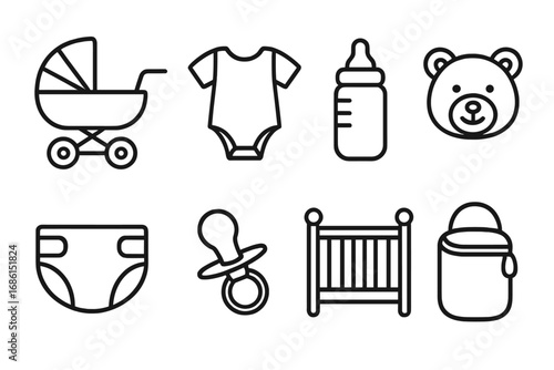Baby care essentials outline icon set. Newborn and nursery items like stroller, bottle, diaper, and crib. Simple line art vector illustration for parenting and baby shower.