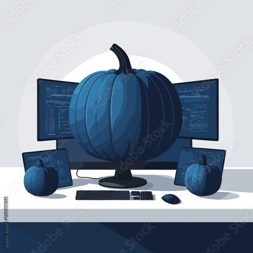 Futuristic Halloween pumpkin at a tech workspace surrounded by monitors