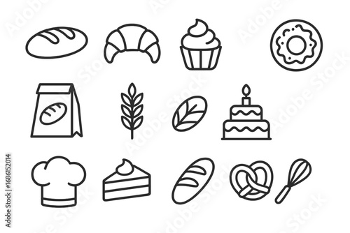 Bakery and pastry outline icon set. Food symbols for cafe, patisserie, kitchen menu. Vector linear illustration of bread, croissant, cake, cupcake, donut, pretzel, chef hat.