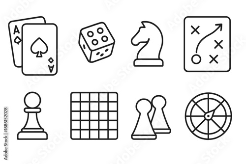 Board game outline icon set. Vector collection of linear symbols for leisure and entertainment. Includes chess pieces, playing cards, dice, game board, spinner, and strategy.