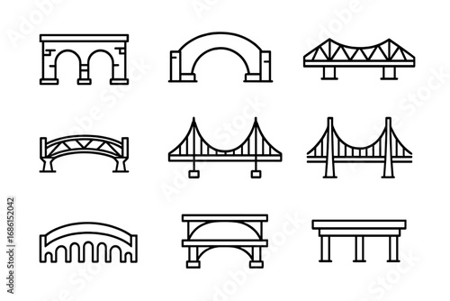 Bridges line icon set. Simple and clean outline bridge icons collection. Vector symbols for architecture, engineering, connection, and transport. Arch, truss, suspension bridge.