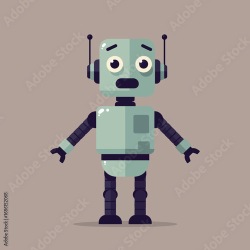 A cartoon robot with a surprised expression, designed in a playful style.