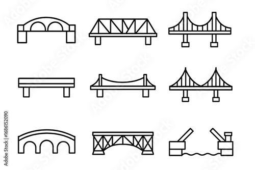 Bridge line icon set. Simple outline collection of various bridge structures. Vector graphic elements for transport, connection, engineering, architecture, web and logo design.