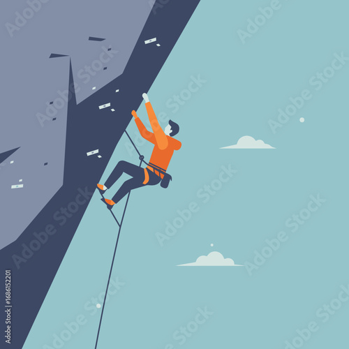 A climber ascends a steep rock face, symbolizing determination and achievement.