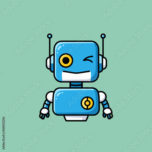 A cheerful blue robot with a wink and friendly demeanor.