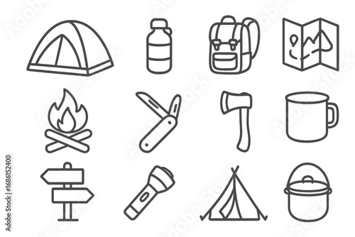 Camping equipment icon set. Outdoor adventure and hiking linear symbols. Survival tools, backpack, tent, campfire, map, and axe outline vector illustration collection.