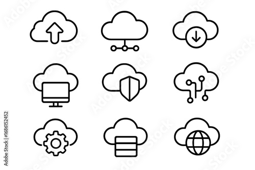 Cloud computing technology outline icon set. Line art symbols for virtual network, data server, and web hosting. Vector concepts of database, security, upload, and download.