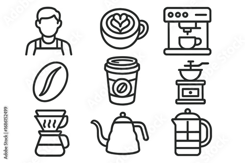 Coffee shop line icon set with barista, latte art, and brewing essentials. Vector outline collection of coffee maker, grinder, french press, pour-over and coffee to go.