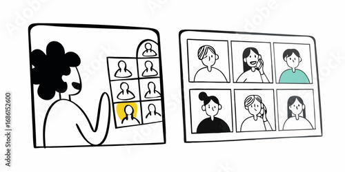 Person with afro hair in a video conference call with multiple participants in a grid layout display on transparent background